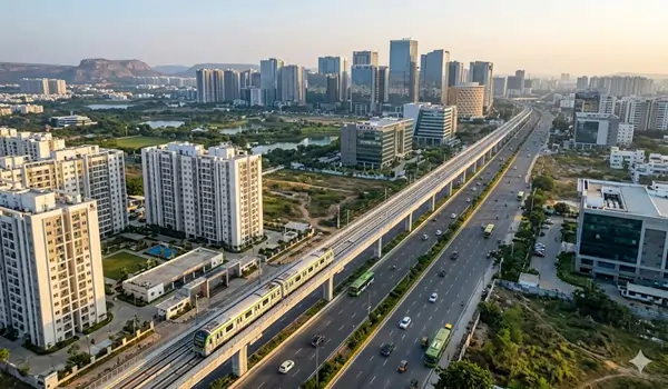 Route map illustrating the fast-track commute options and highway connectivity from the Prestige Kollur residential project to major Hyderabad IT corridors