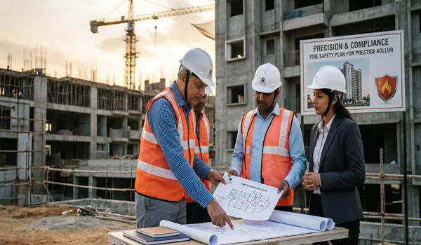 Fire safety and compliance planning at Prestige Kollur highlighting safety systems, building regulations, and secure residential design