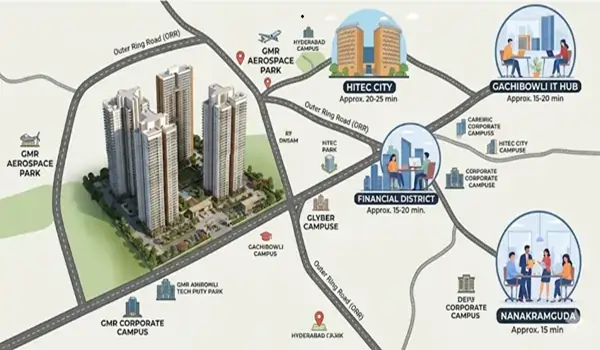 Area map showing the short driving distance and Outer Ring Road connectivity from the Prestige Kollur residential project to major Hyderabad IT hubs like the Financial District
