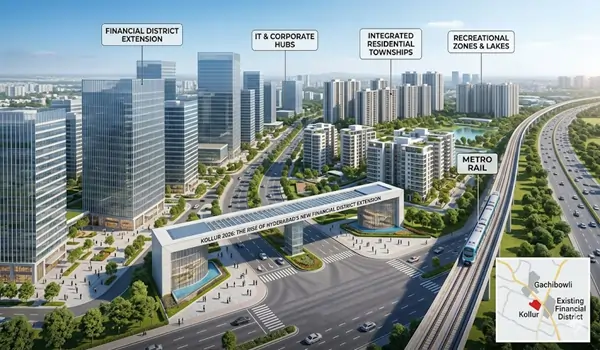 Architectural render of upcoming commercial spaces in Kollur, accommodating the expanding corporate footprint of the Hyderabad Financial District.