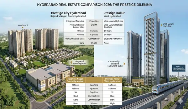 Side-by-side architectural comparison of the master plans and premium residential towers at Prestige City Hyderabad and Prestige Kollur