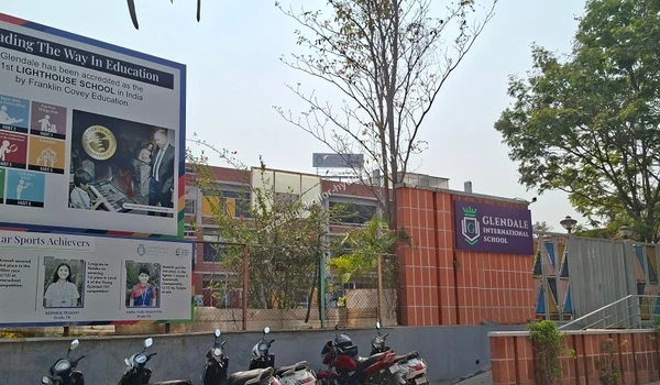 Achievement boards and colorful campus view of Glendale International School in the vicinity of Prestige Kollur in Hyderabad