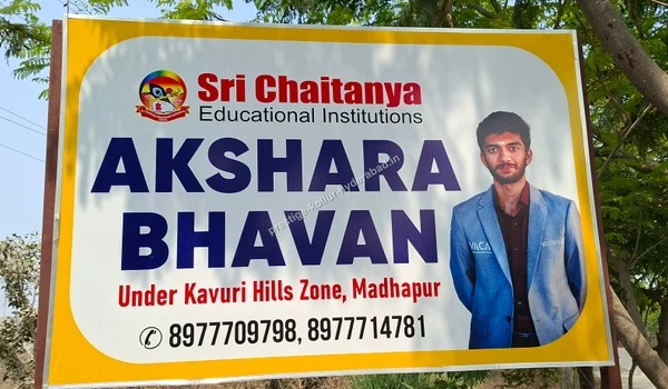 Signboard for Sri Chaitanya Educational Institutions Akshara Bhavan near the Prestige Kollur project in Hyderabad