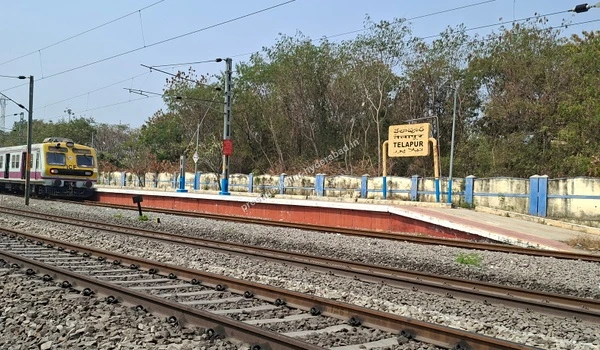 Commuter train transit at Tellapur Station, ensuring seamless and eco-friendly travel options near the Prestige Kollur project in Hyderabad