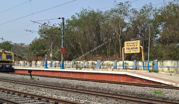 Local MMTS train arriving at Tellapur Railway Station, providing excellent rail connectivity for residents of Prestige Kollur in Hyderabad