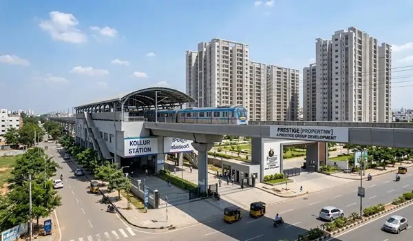 Visual representation of Hyderabad Metro Blue Line extension connecting to the high-rise towers of Prestige Kollur