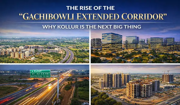The emerging high-rise skyline of Kollur in 2026, featuring 50+ floor luxury towers as part of Hyderabad’s western corridor expansion