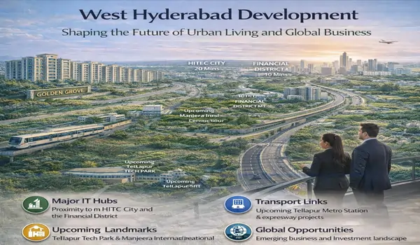 Aerial view of Prestige Kollur Hyderabad township in 2026 showcasing modern residential towers, green open spaces, and West Hyderabad infrastructure growth